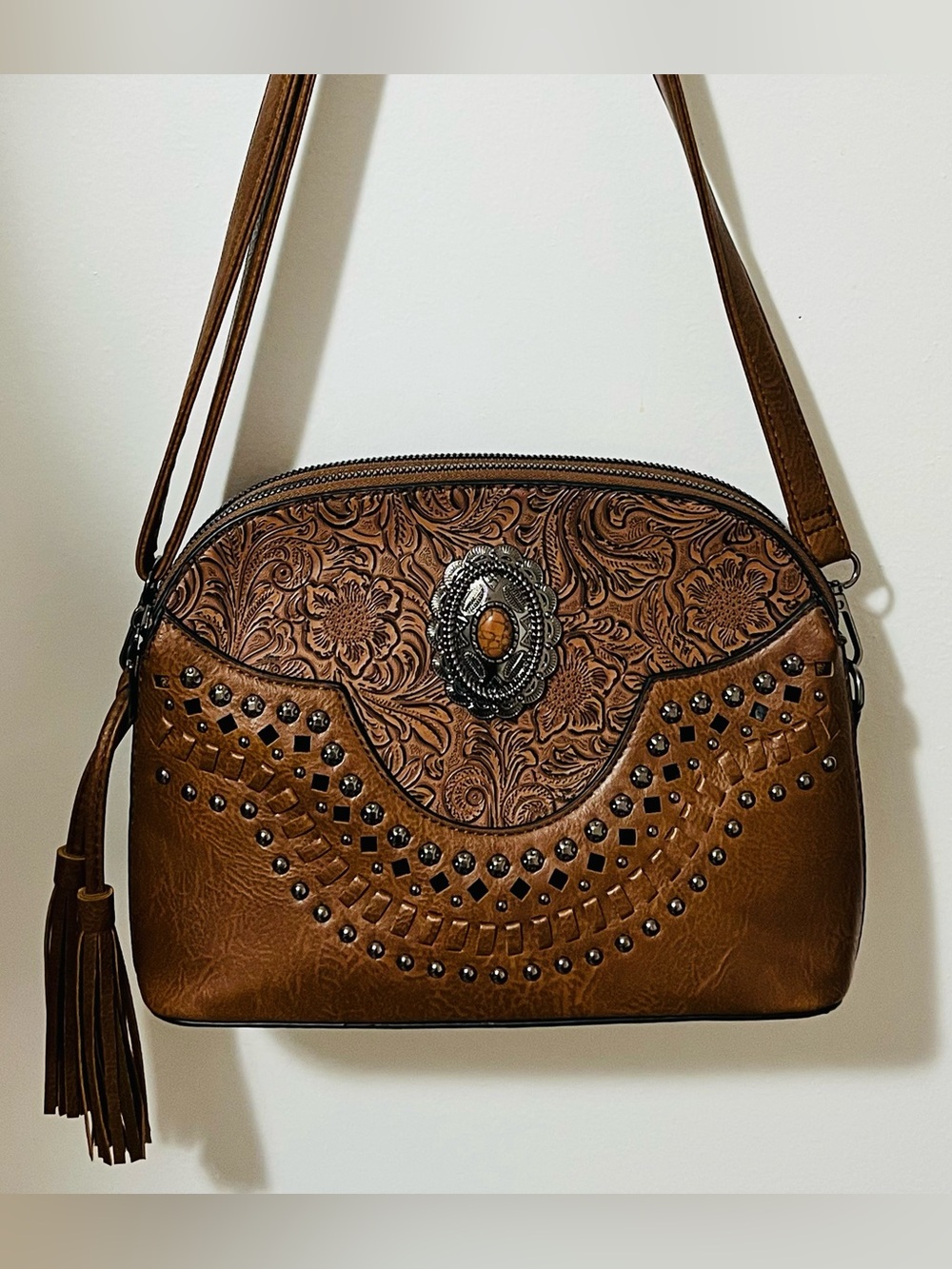 NWOT Tooled Brown Faux Leather Crossbody with Concho and Stud Accents